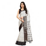 White-Black cotton silk printed saree with unstitched blouse (5.5Mtr) on mannequin