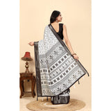 White-Black printed cotton silk saree with unstitched blouse, 5.5Mtr on hanger