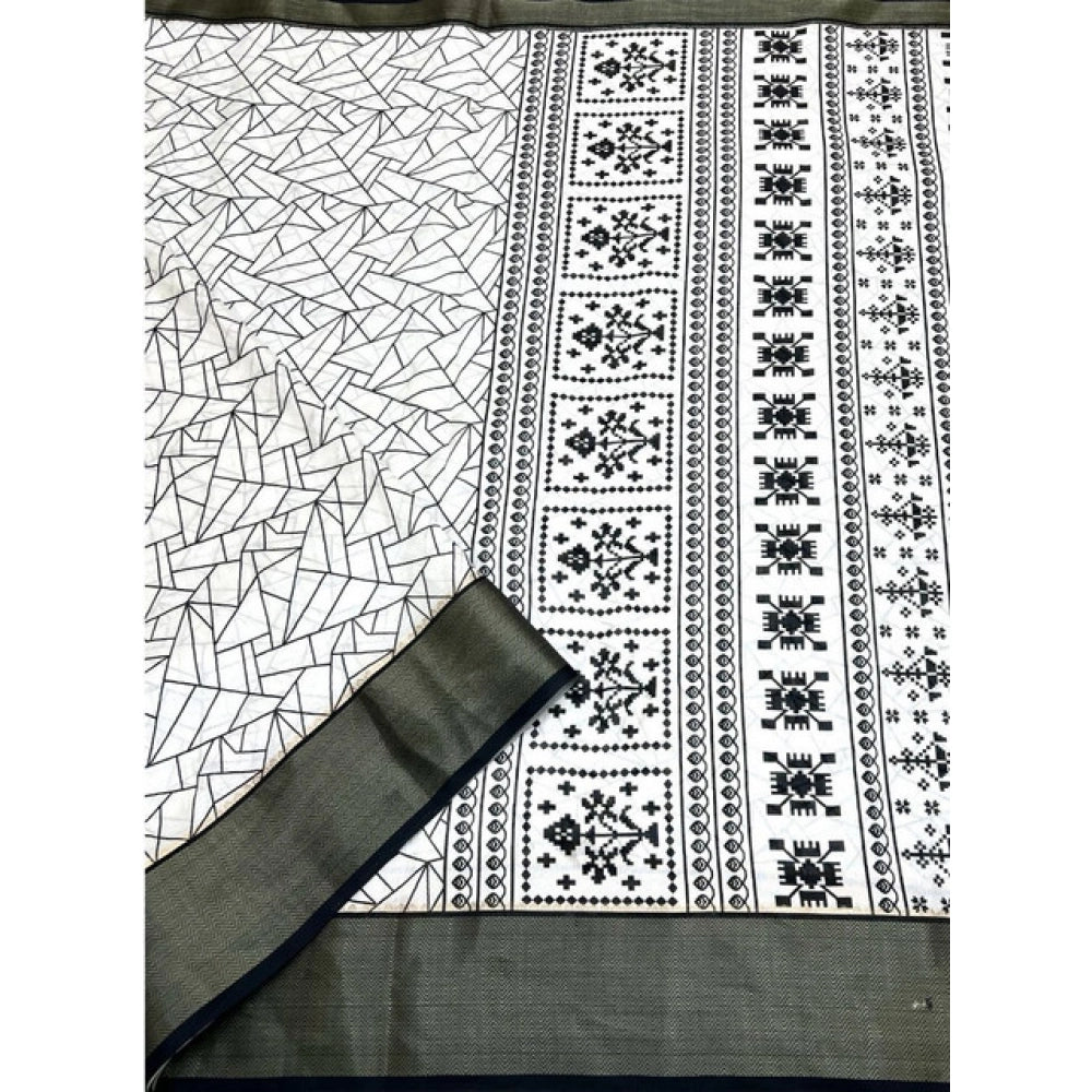 White-black cotton silk printed saree with unstitched blouse, 5.5Mtr length on mannequin