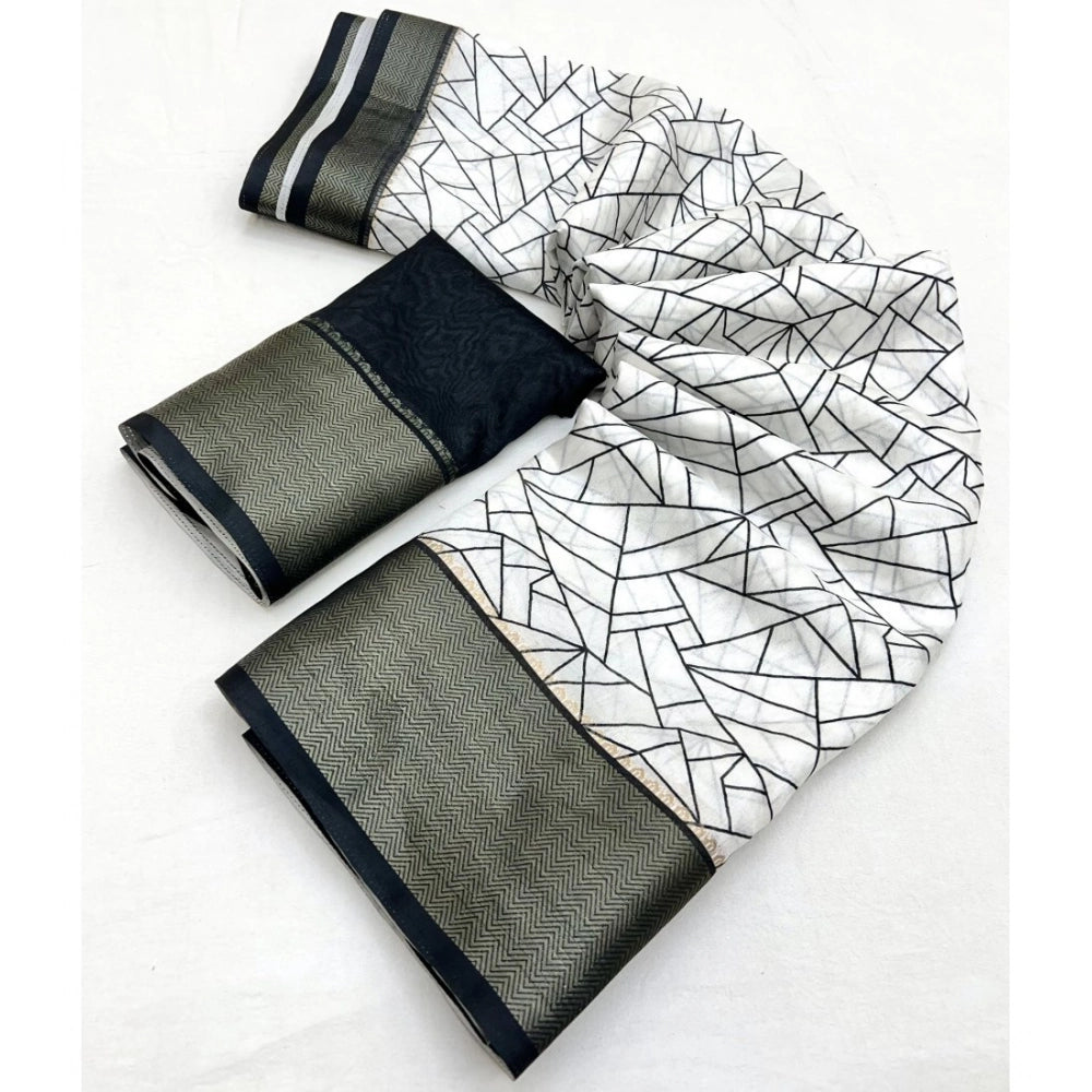 White-Black cotton silk printed saree with unstitched blouse (5.5Mtr) on mannequin