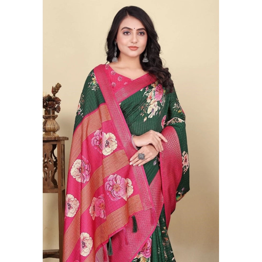 Green cotton blend floral printed saree with unstitched blouse (5.5mtr)