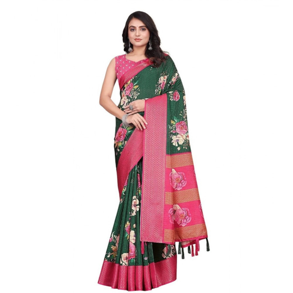 Green cotton blend floral printed saree with unstitched blouse (5.5mtr) - women's ethnic wear