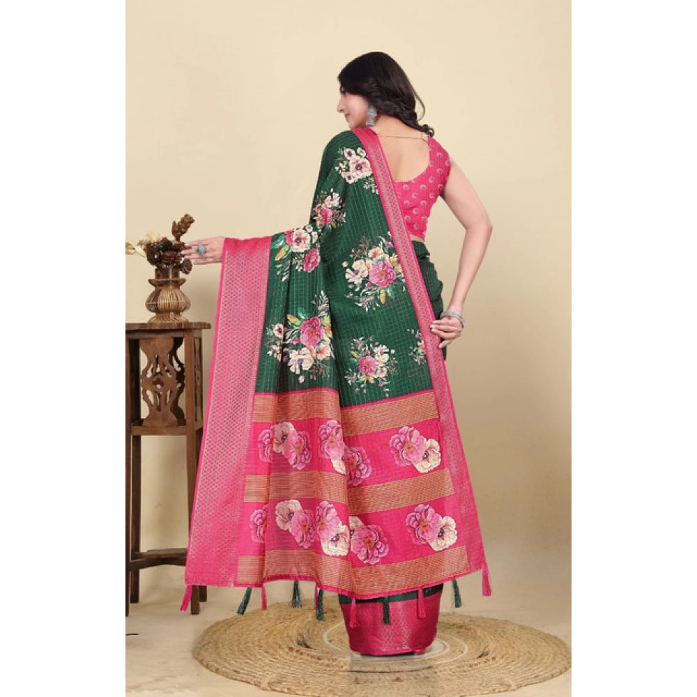 Green cotton blend floral printed saree with unstitched blouse (5.5Mtr) - traditional Indian women's wear