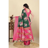 Green cotton blend floral printed saree with unstitched blouse (5.5Mtr) - traditional Indian women's wear