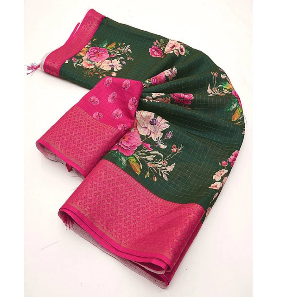 Green cotton blend floral printed saree with unstitched blouse, 5.5Mtr