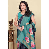 Navy blue cotton blend floral printed saree with unstitched blouse (5.5Mtr)