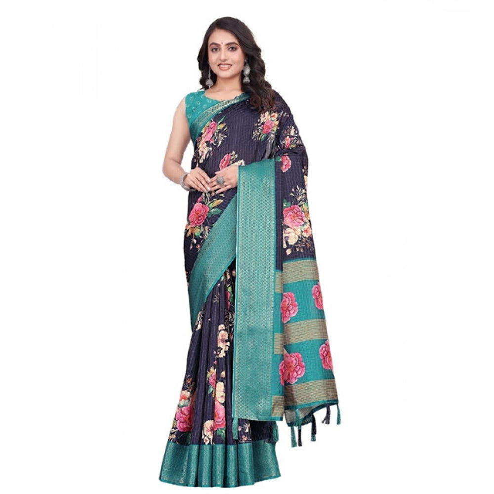 Navy blue cotton blend floral printed saree with unstitched blouse (5.5Mtr), traditional Indian women's attire on mannequin