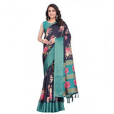Navy blue cotton blend floral printed saree with unstitched blouse (5.5Mtr), traditional Indian women's attire on mannequin
