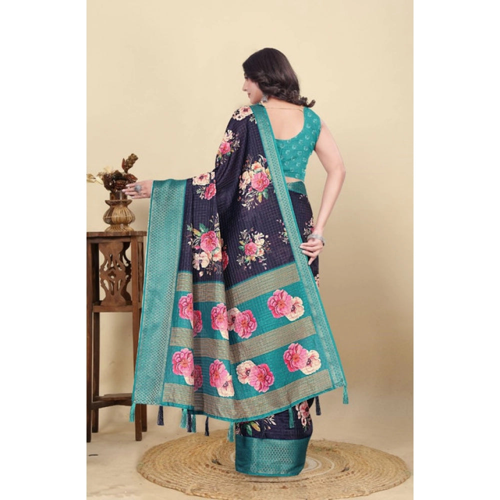 Navy blue cotton blend floral printed saree with unstitched blouse, 5.5Mtr for women's ethnic wear