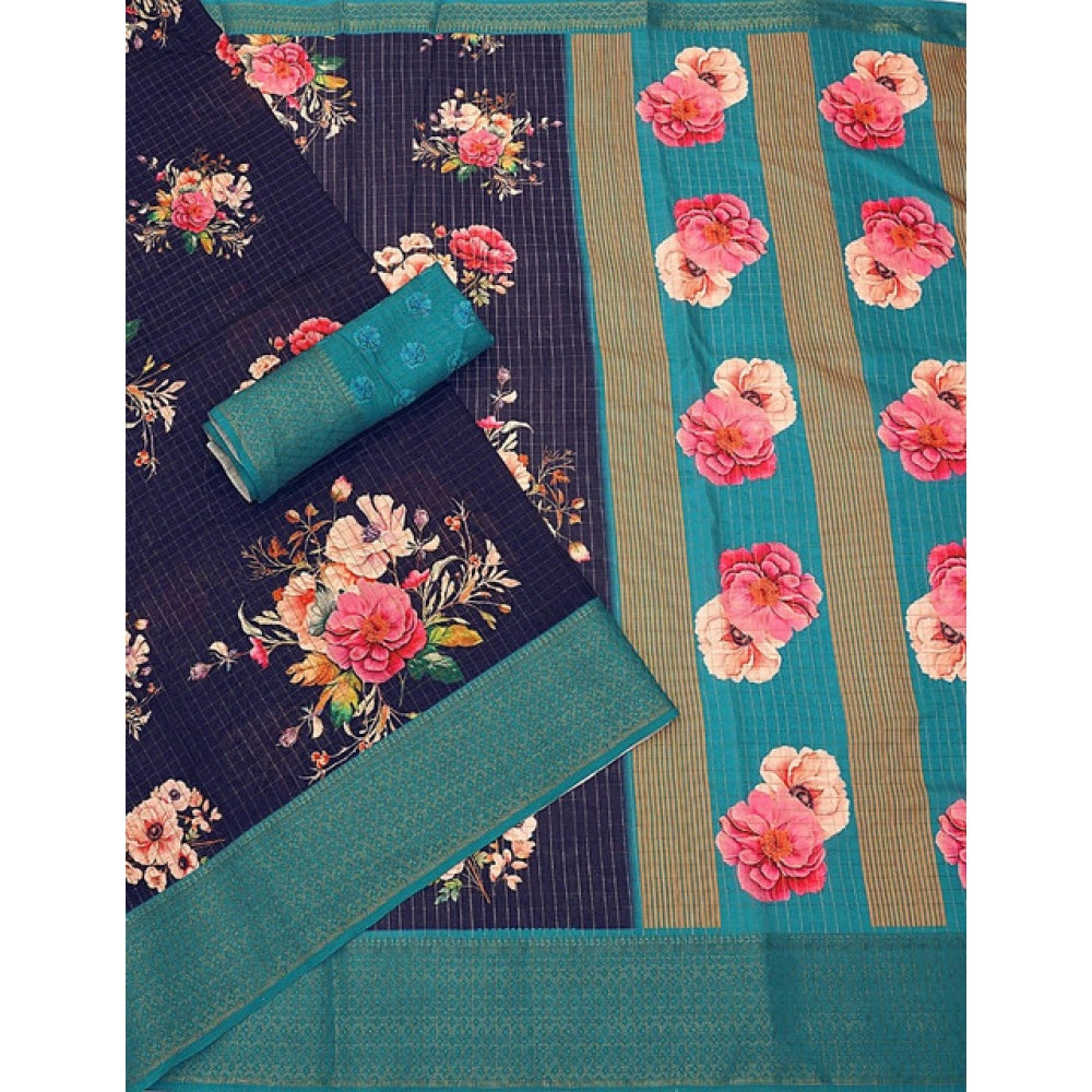 Navy blue cotton blend floral printed saree with unstitched blouse (5.5mtr), traditional Indian women's wear on mannequin