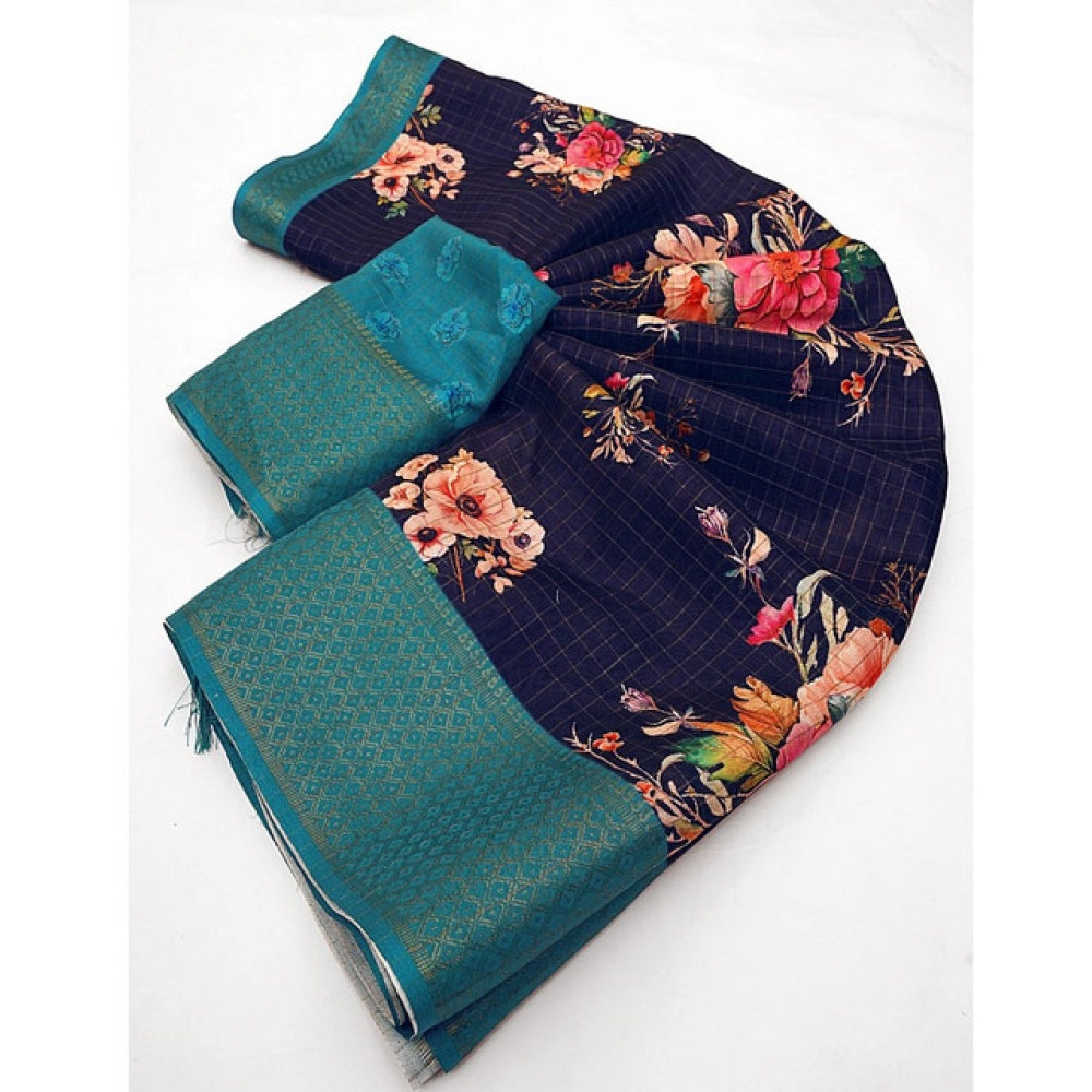 Navy blue cotton blend floral printed saree with unstitched blouse (5.5Mtr), women's traditional Indian wear