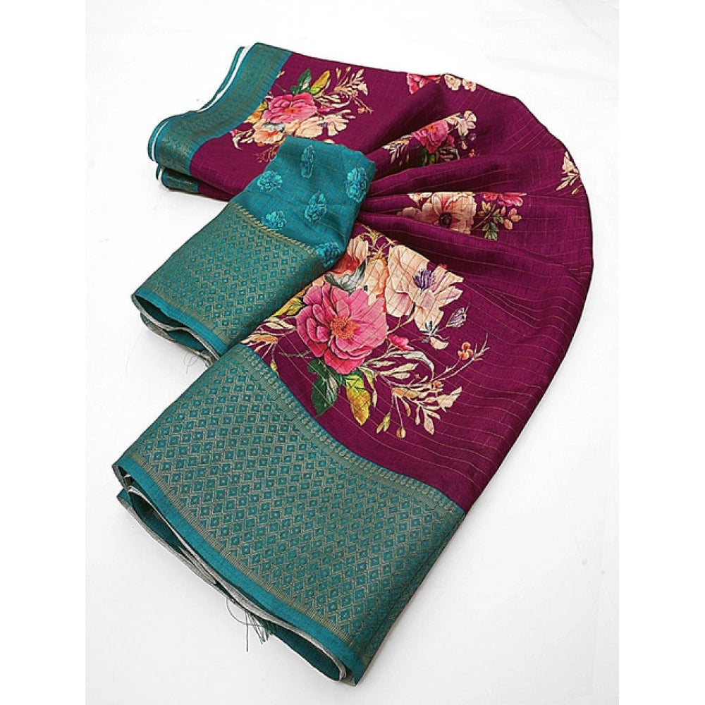 Maroon cotton blend floral printed saree with unstitched blouse (5.5mtr) - vibrant floral design for traditional Indian wear