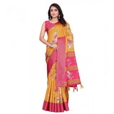Yellow cotton blend floral printed saree with unstitched blouse (5.5Mtr)