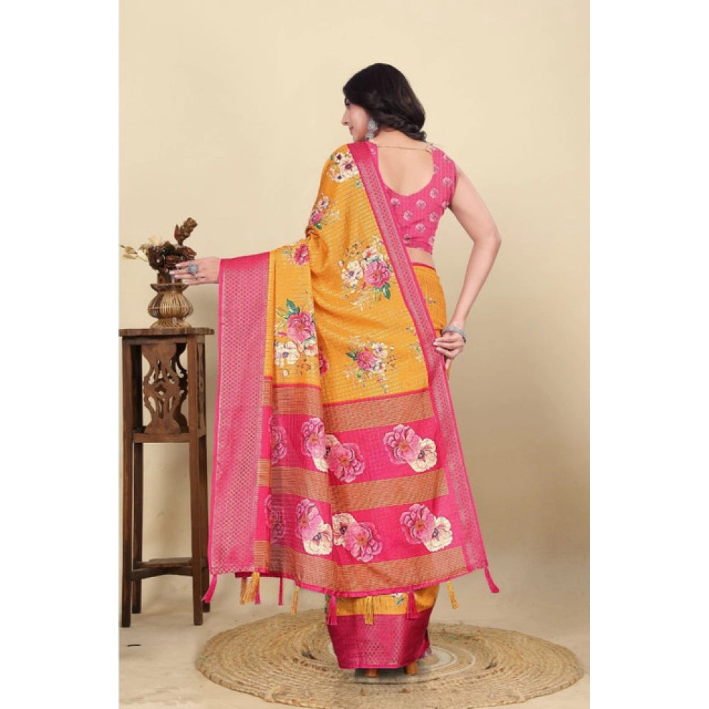 Yellow cotton blend floral printed saree with unstitched blouse (5.5Mtr), women's ethnic wear accessory