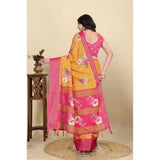Yellow cotton blend floral printed saree with unstitched blouse (5.5Mtr), women's ethnic wear accessory