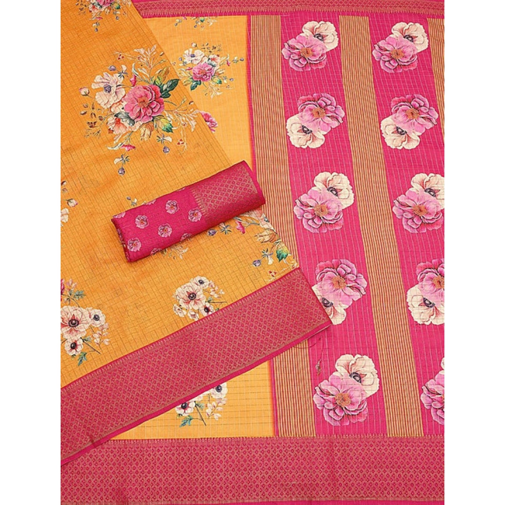 Yellow cotton blend floral printed saree with unstitched blouse, 5.5Mtr