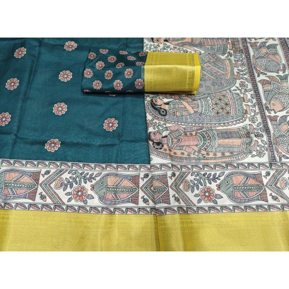 Green cotton silk printed saree with unstitched blouse, vibrant floral pattern on 5.5mtr length
