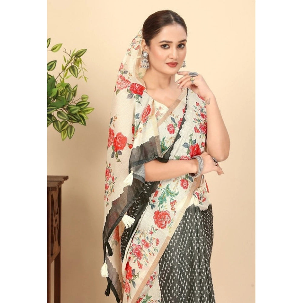 Black Chanderi floral printed saree with unstitched blouse (5.5mtr), traditional Indian wear on mannequin