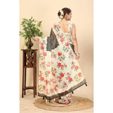 Black Chanderi floral printed saree with unstitched blouse, 5.5Mtr - traditional Indian women's wear for special occasions