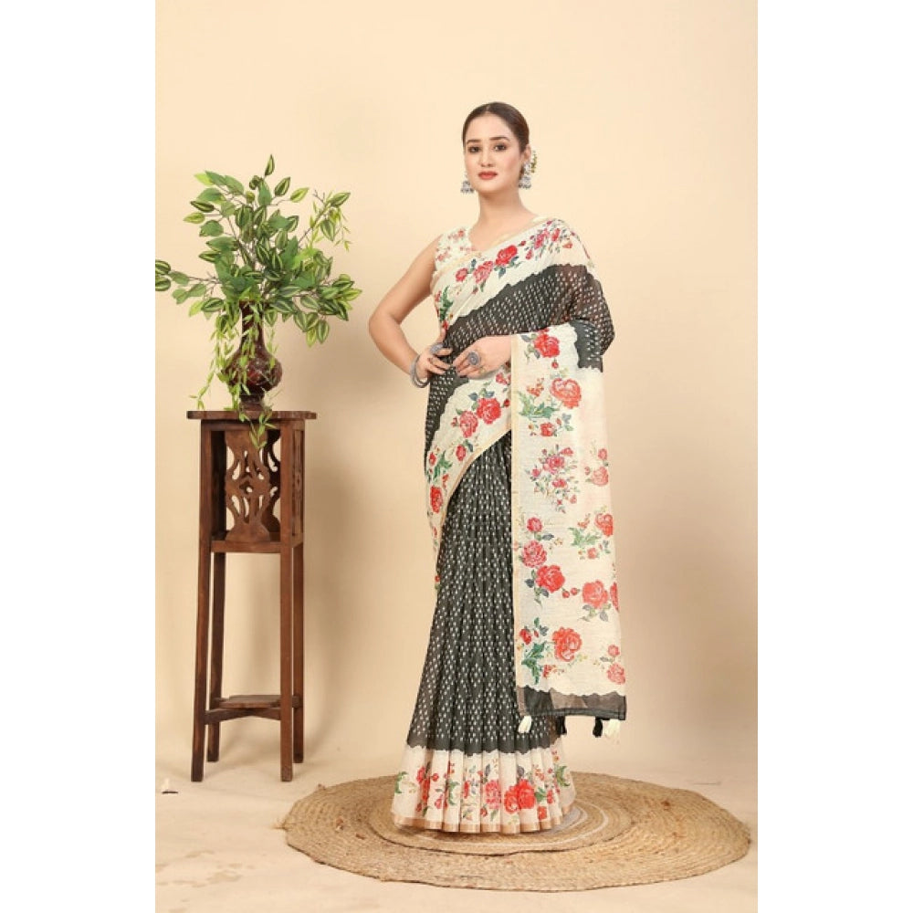 Black Chanderi floral printed saree with unstitched blouse (5.5Mtr) on mannequin