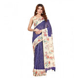 Blue cotton silk floral printed saree with unstitched blouse, vibrant blooms on traditional Indian garment