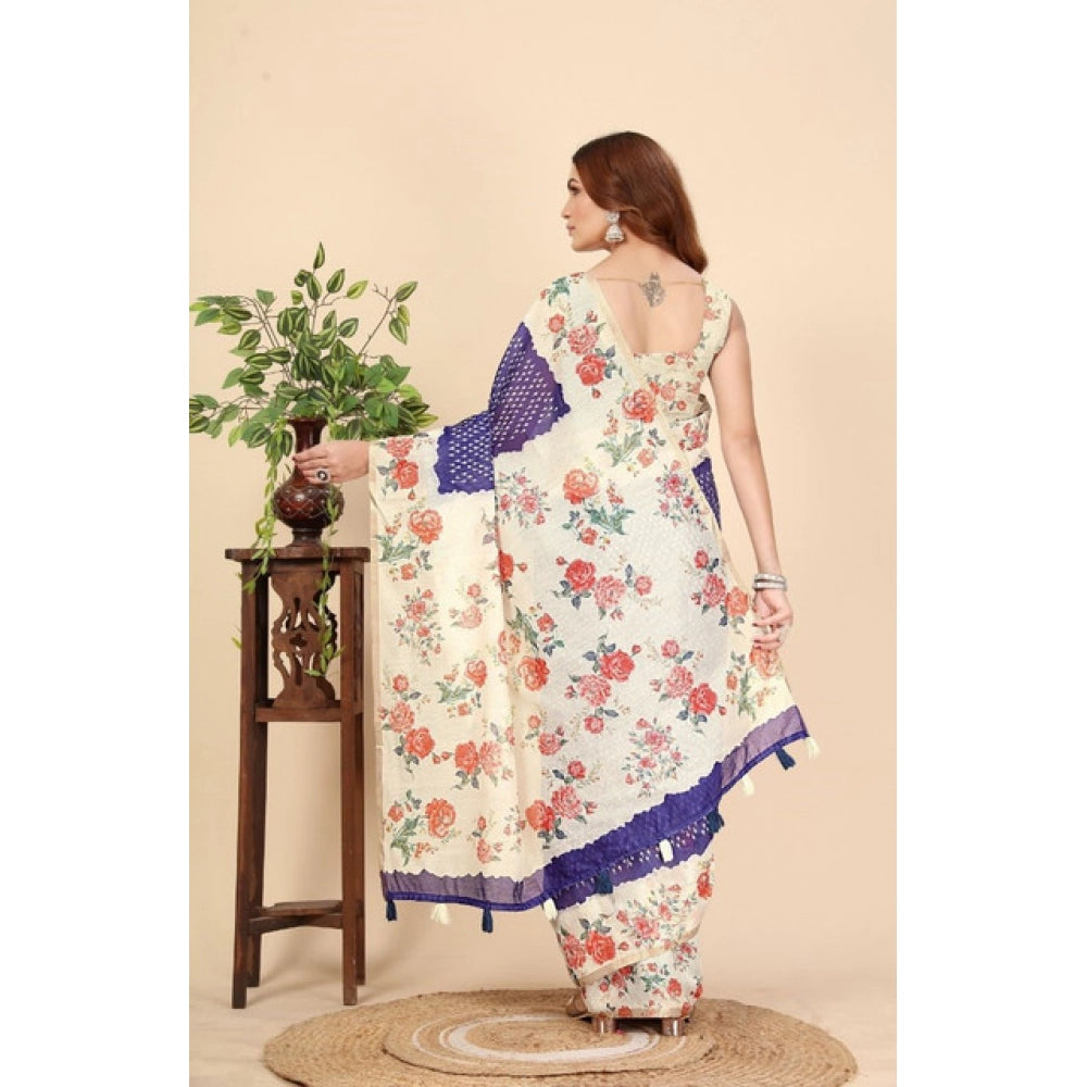Blue cotton silk floral printed saree with unstitched blouse (5.5Mtr), traditional Indian women's fashion accessory