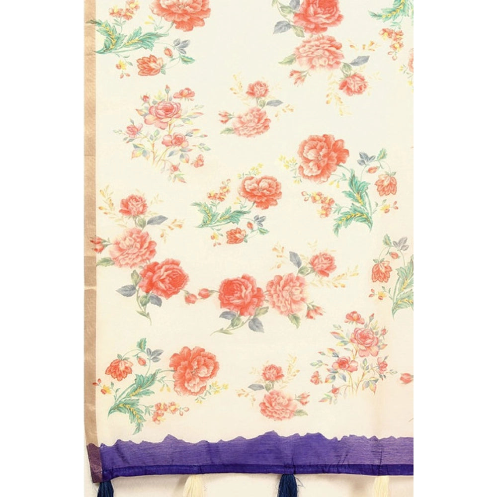 Blue cotton silk floral printed saree with unstitched blouse, vibrant floral design on traditional Indian wear