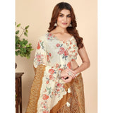 Brown cotton silk floral printed saree with unstitched blouse, vibrant floral design on a 5.5Mtr length for traditional Indian wear