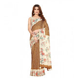 Brown cotton silk floral printed saree with unstitched blouse, 5.5Mtr length