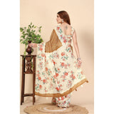 Brown cotton silk floral printed saree with unstitched blouse, vibrant floral design on a 5.5mtr length