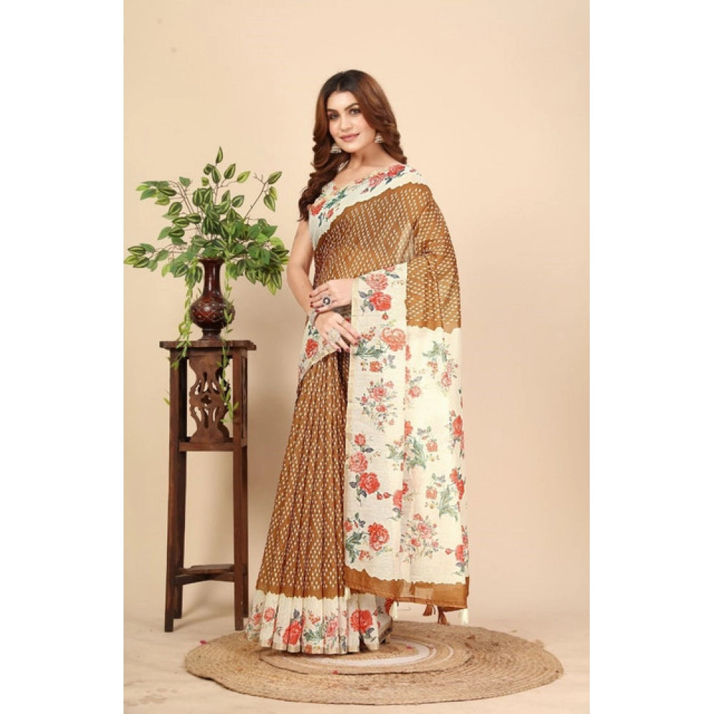 Brown cotton silk floral printed saree with unstitched blouse, 5.5Mtr length on mannequin