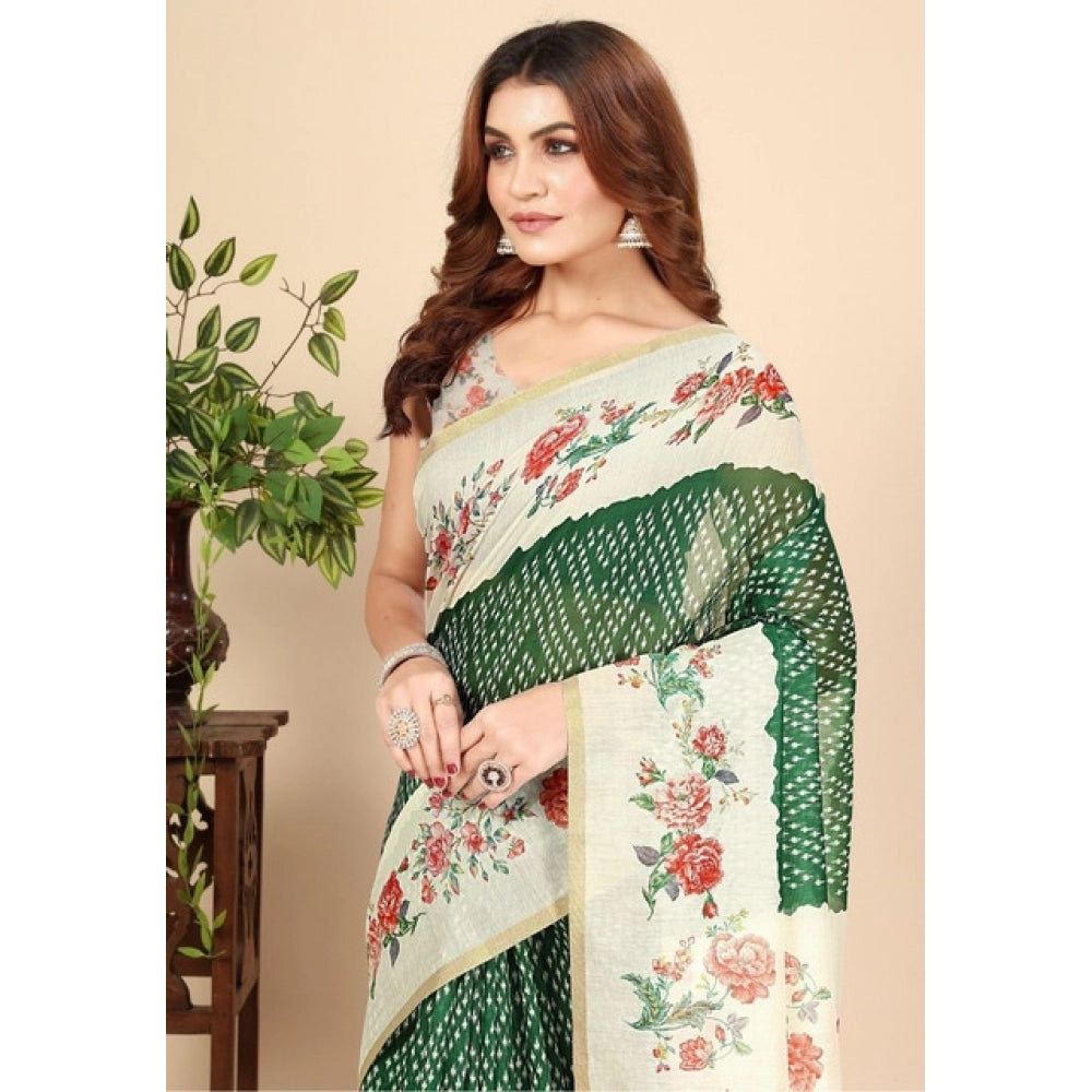 Green Chanderi floral printed saree with unstitched blouse (5.5Mtr) - vibrant, traditional Indian wear