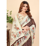 Maroon Chanderi floral printed saree with unstitched blouse (5.5mtr), traditional Indian attire on mannequin