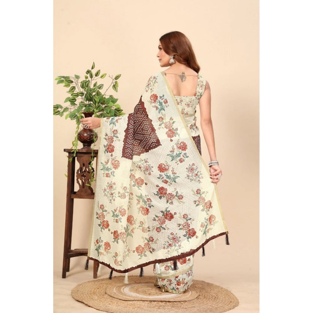 Maroon Chanderi Floral Printed Saree with Unstitched Blouse (5.5Mtr), traditional Indian wear for women