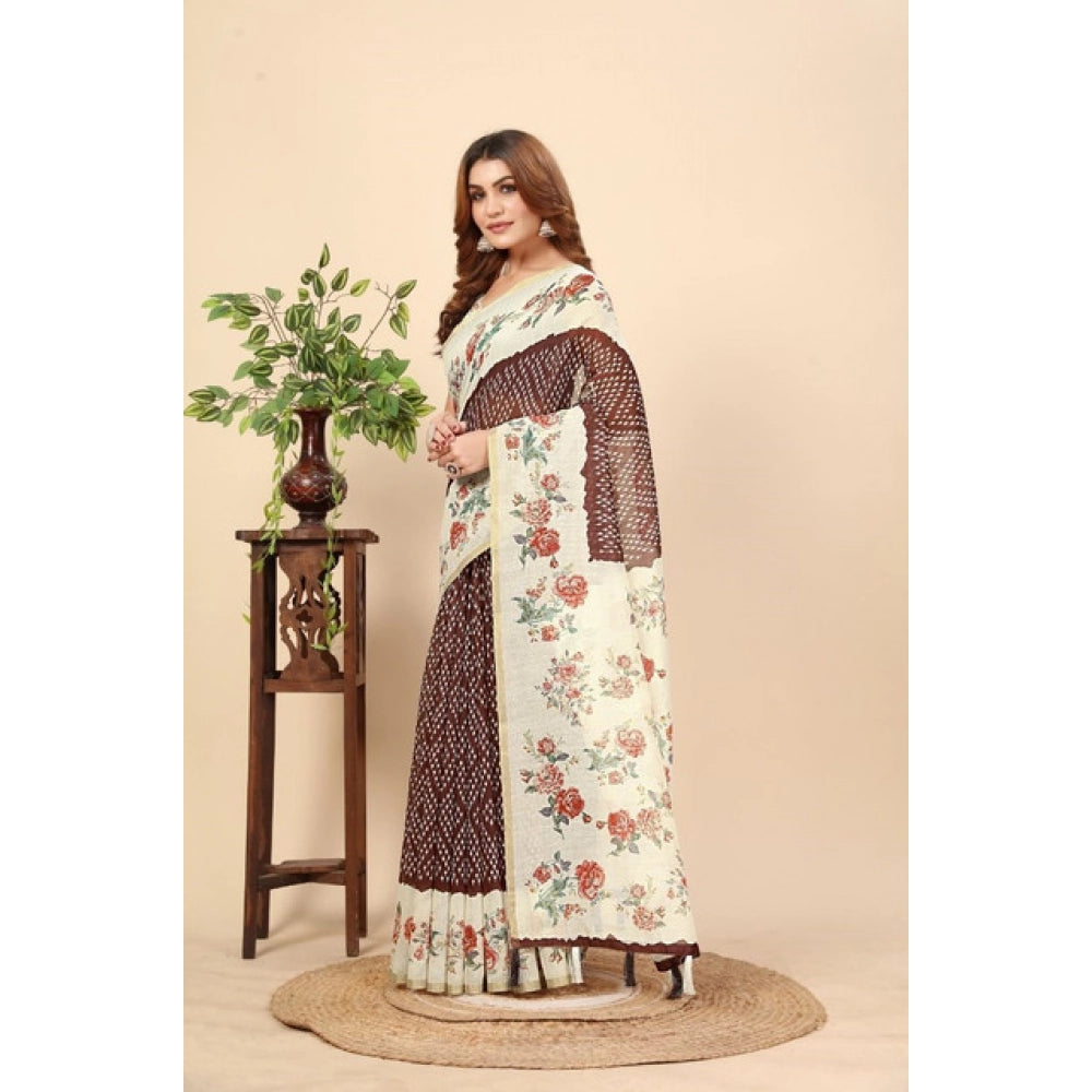 Maroon Chanderi floral printed saree with unstitched blouse (5.5mtr), traditionally hand-loomed design
