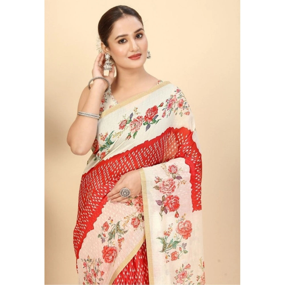 Red chanderi floral printed saree with unstitched blouse, 5.5Mtr length