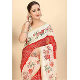 Red chanderi floral printed saree with unstitched blouse, 5.5Mtr length