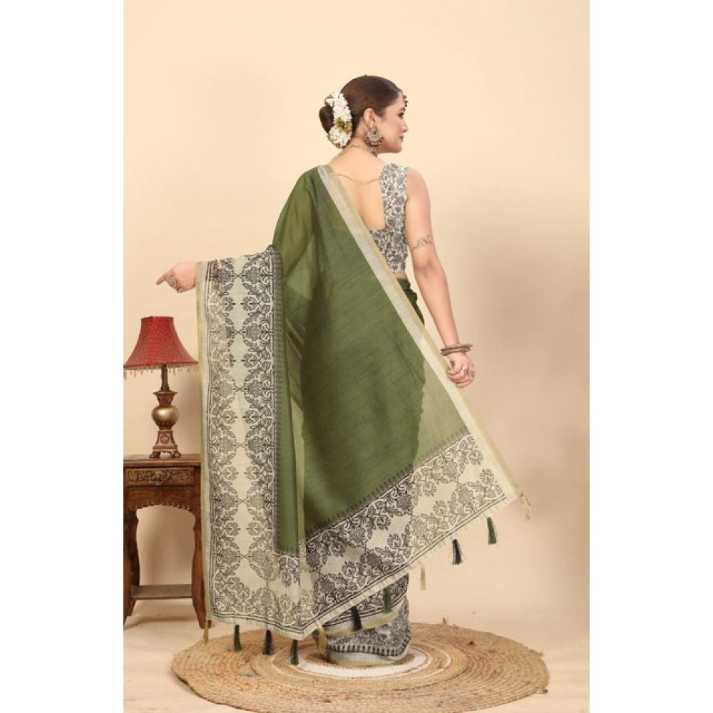 Green Chanderi printed saree with unstitched blouse, traditional Indian attire on model