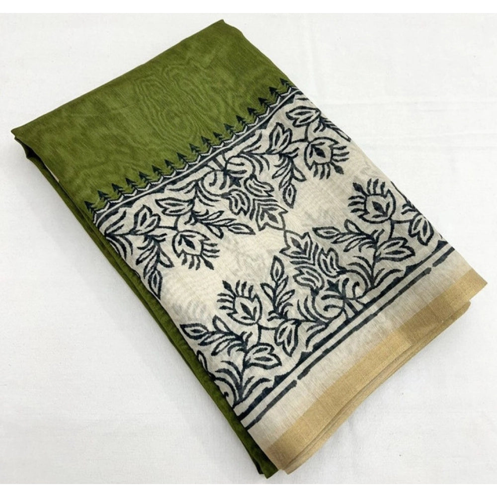 Green Chanderi printed saree with unstitched blouse, vibrant design on traditional fabric