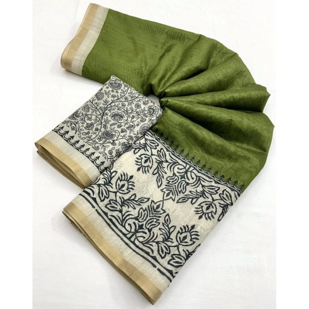 Green Chanderi printed saree with unstitched blouse, 5.5Mtr length on model