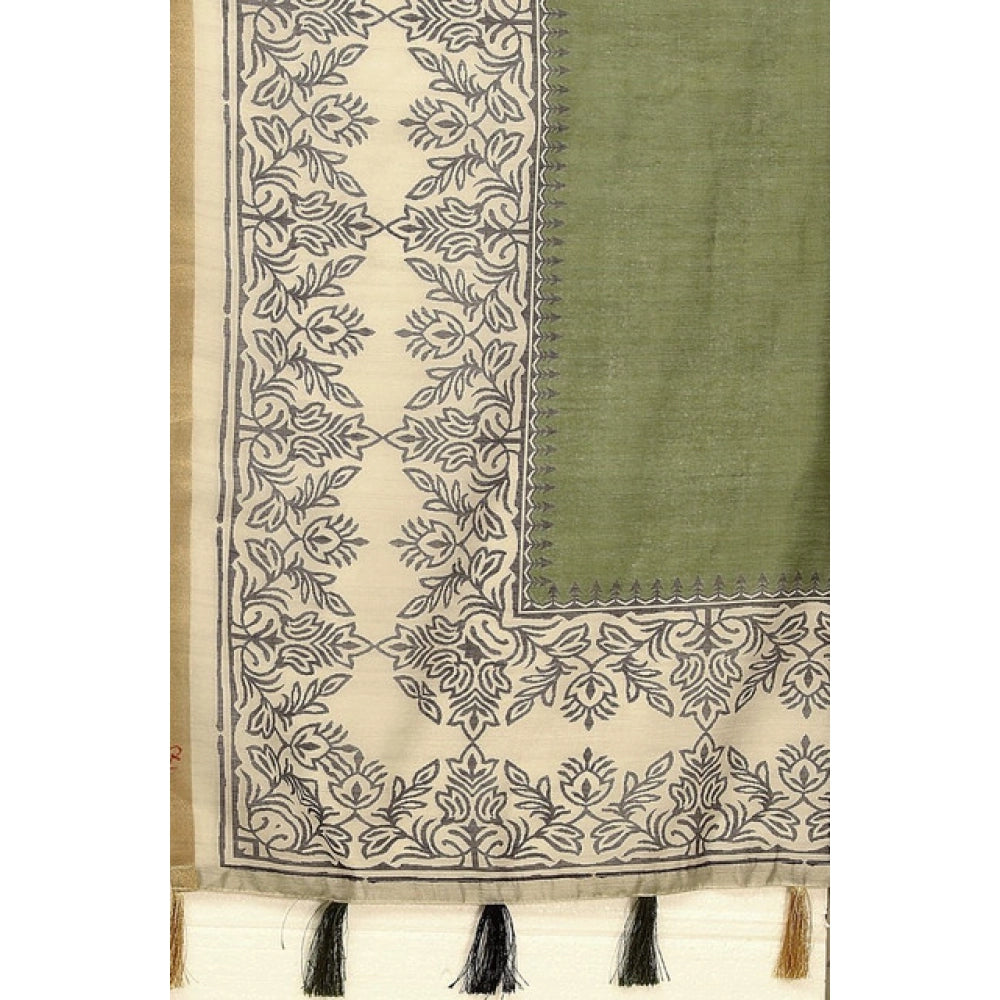 Green Chanderi printed saree with unstitched blouse (5.5mtr) on model for traditional Indian wear