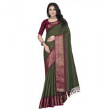 Green cotton blend checkered saree with unstitched blouse (5.5mtr)