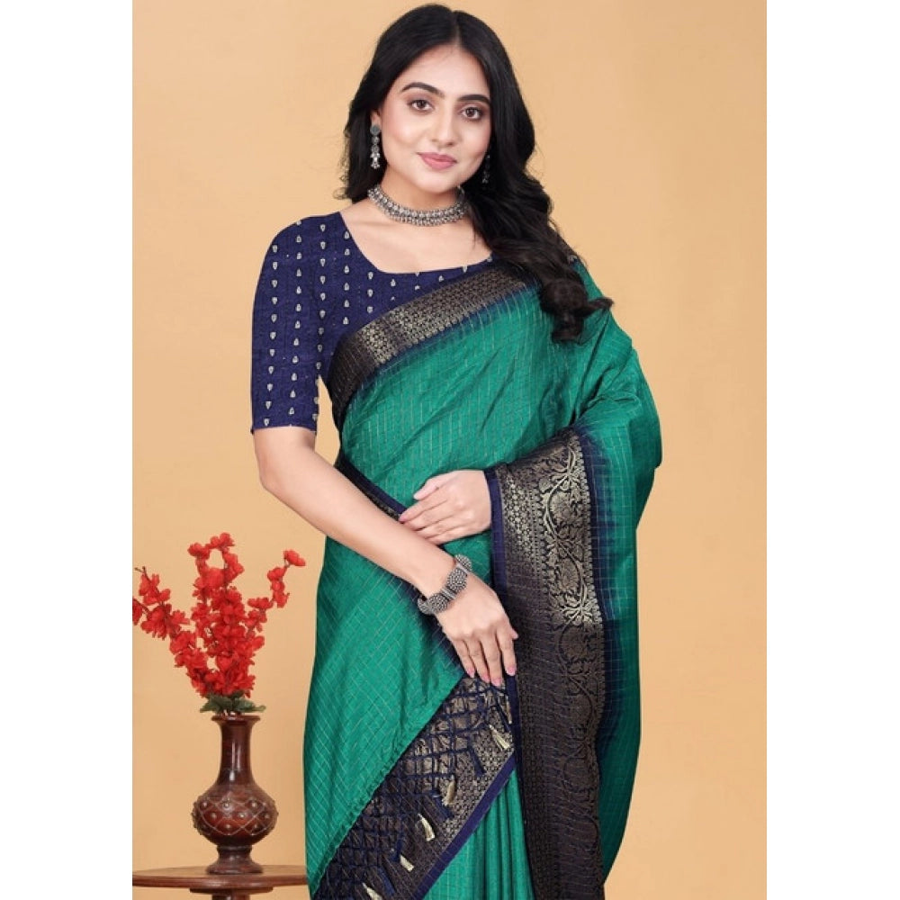 Teal green cotton blend checkered saree with unstitched blouse, 5.5Mtr for traditional Indian wear