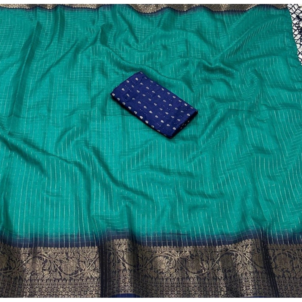 Teal green cotton blend checkered saree with unstitched blouse, 5.5mtr for women's traditional Indian wear