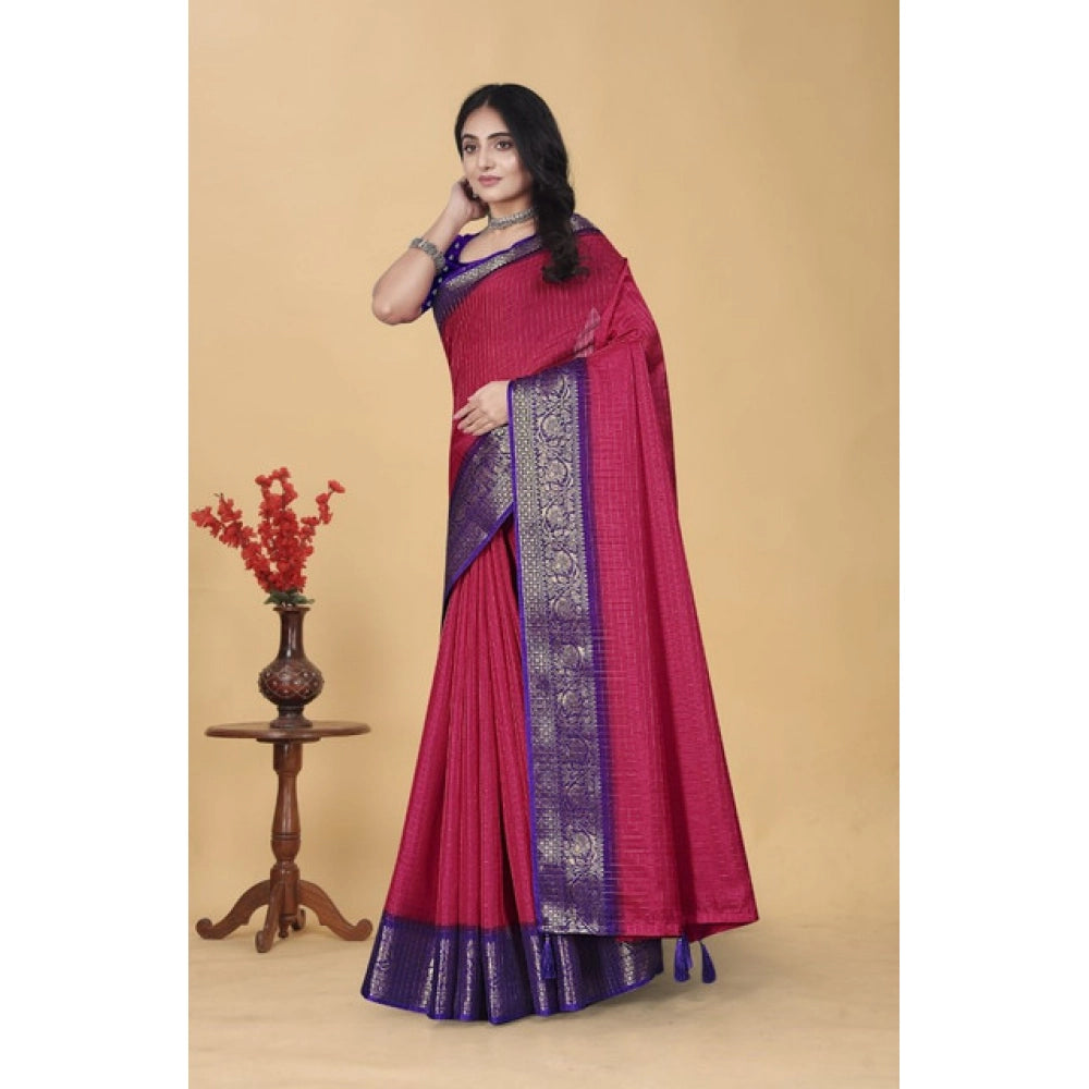 Pink cotton blend checkered saree with unstitched blouse, 5.5mtr length