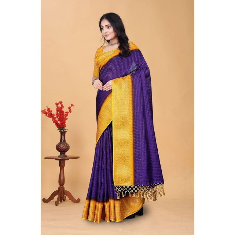 Royal blue cotton blend checkered saree with unstitched blouse, 5.5Mtr for traditional Indian wear