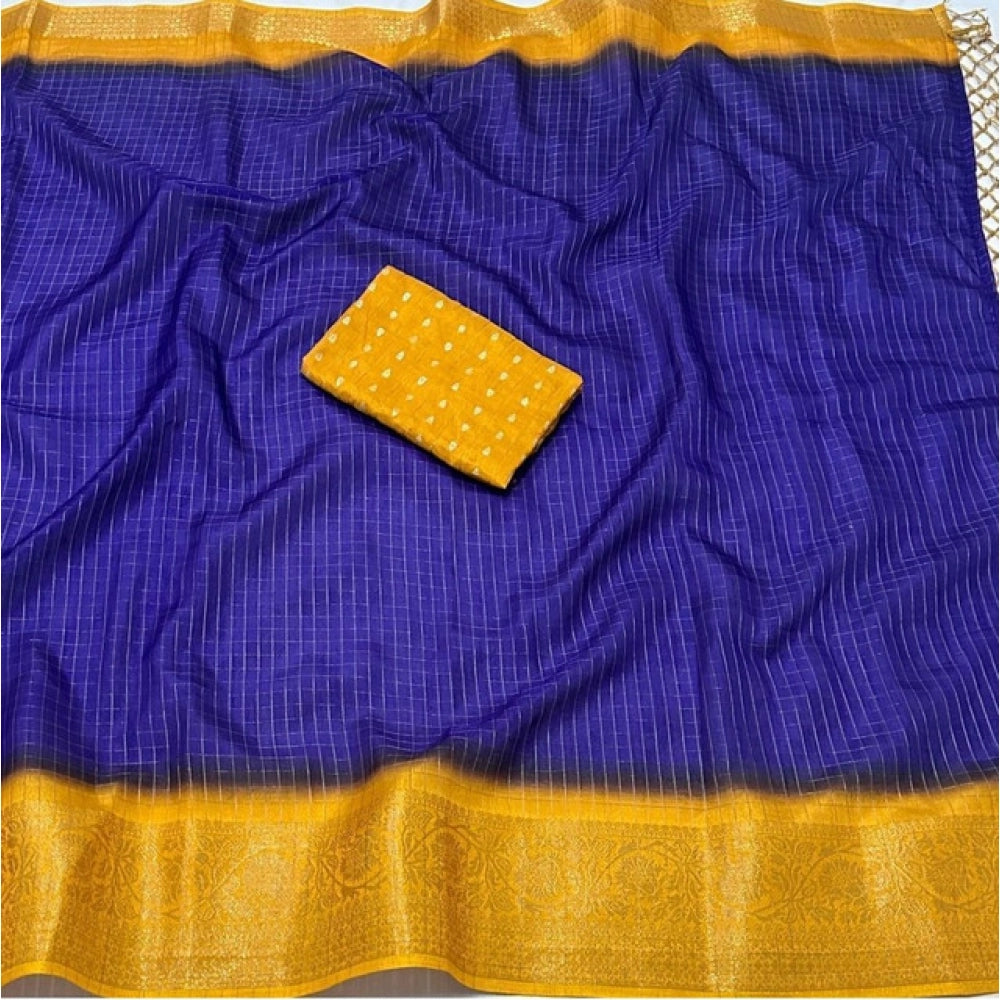 Royal Blue cotton blend checkered saree with unstitched blouse, 5.5mtr length on model for traditional Indian wear