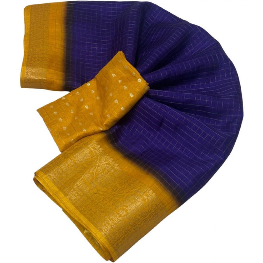 Royal Blue cotton blend checkered saree with unstitched blouse, 5.5mtr for women's traditional Indian wear
