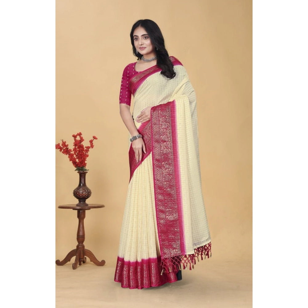 Multi-colored cotton blend checkered saree with unstitched blouse (5.5mtr)