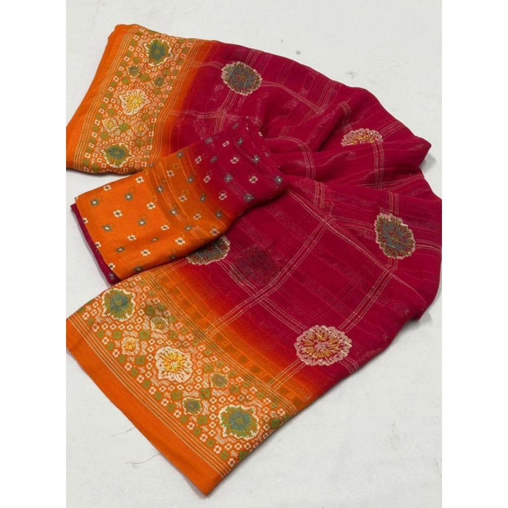 Art silk printed pink saree with unstitched blouse (5.5mtr), vibrant Indian attire on hanger